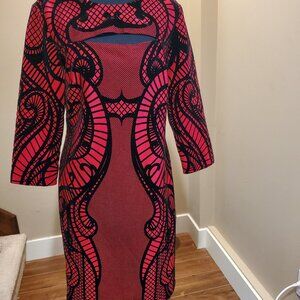 Red cocktail dress with black velvet detailing